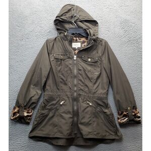 Laundry By Shelli Segal Olive Green Hooded Anorak Jacket with Leopard Trim